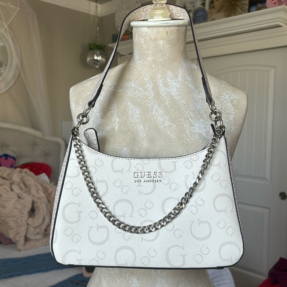 Guess White Silver Chain Link Shoulder Bag